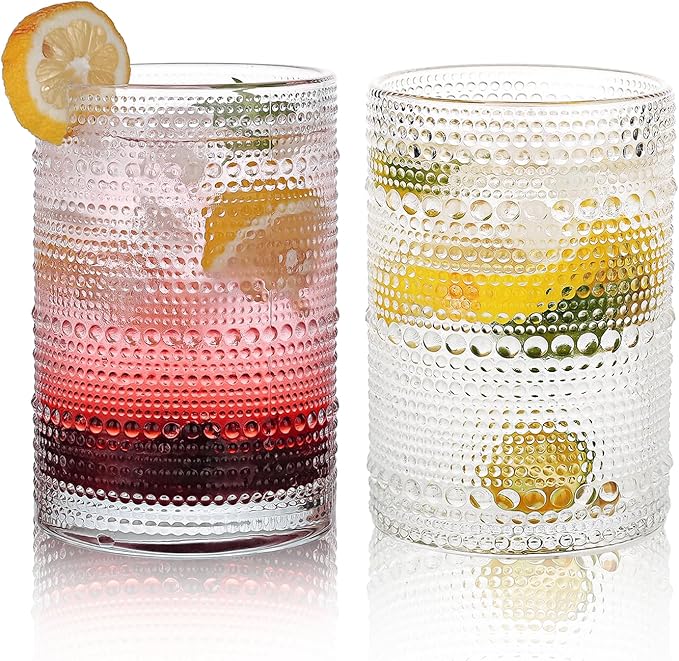 Hobnail Drinking Glasses Set of 2, 16 Oz Vintage Embossed Glass Cup Kitchen Glassware Water Tumblers for Cocktails, Beer, Juice, Whiskey