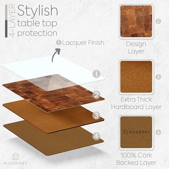 Set of 4 Heat Resistant Cork Placemats for Dining Table with Free Set of 4 Matching Drink Coasters Marble Design 16 x 12 Inches Cork Backed Hard Placemats (Honey Oak)