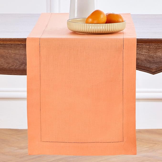 Solino Home Linen Coral Table Runner 108 Inches Long - 100% Pure Linen Hemstitch 14 x 108 Inch Table Runner for Dining, Valentines, Spring, Easter - Classic Hemstitch