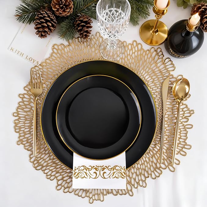 MirthMood 210Pcs Black and Gold Disposable Plates,Black Plates, Black and Gold Plates Include 30 Dinner,Dessert Plate,30 Cup&30 Napkins, 90 Gold Silverware for Wedding & Party & Birthday & New Year