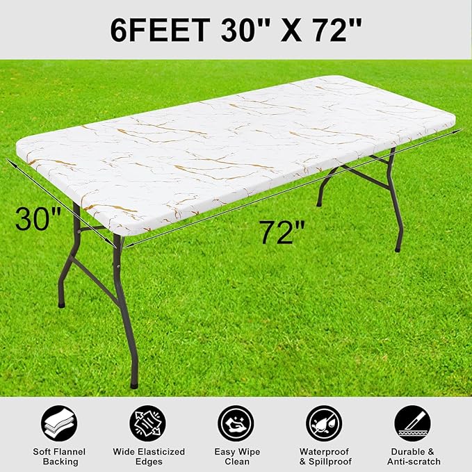 Smiry Rectangle Table Cloth Cover, Waterproof Elastic Fitted Picnic Tablecloth for 6 Foot Tables, Wipeable Flannel Backed Vinyl Tablecloths for Camping, Dining, Outdoor (White, 30" x 72")