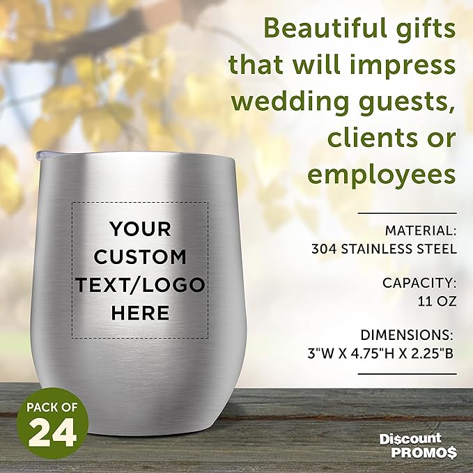 Custom Stemless Wine Glass Tumblers with Lids by Largo 11 oz. Set of 24, Personalized Bulk Pack - Perfect for Wine, Cocktails, Other Hot & Cold Beverages - Silver