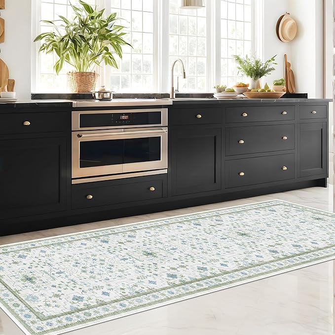Oushak 3x12 Wide Hallway Runner Rug - Vintage Turkish Floral, Washable Low Pile Non Slip 12ft Long Runners for Large Kitchen, Hall Way - Light Blue and Green