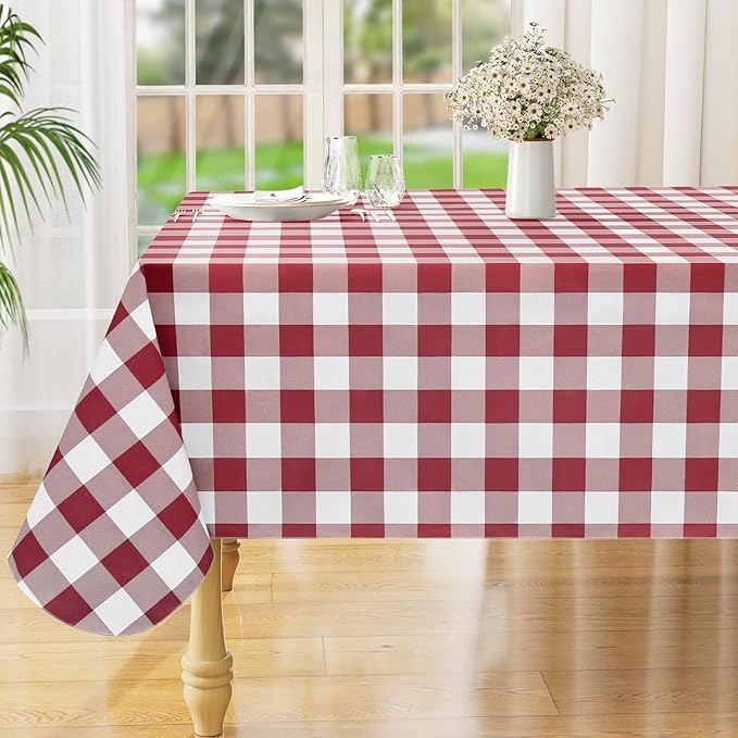 misaya Rectangle Waterproof Vinyl Table Cloth, Buffalo Flannel Backed Tablecloth, Wipeable Plastic Table Cover for Valentine's Day, Dinner, Kitchen, Outdoor (60" x 84", Burgundy and White)