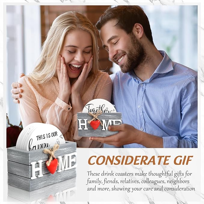 Housewarming Gifts for Home Christmas Coasters Gifts for New Home Decoration Wooden Heart Coasters for Drinks 6 Set Funny Farmhouse Coaster with Holder for Housewarming (White)