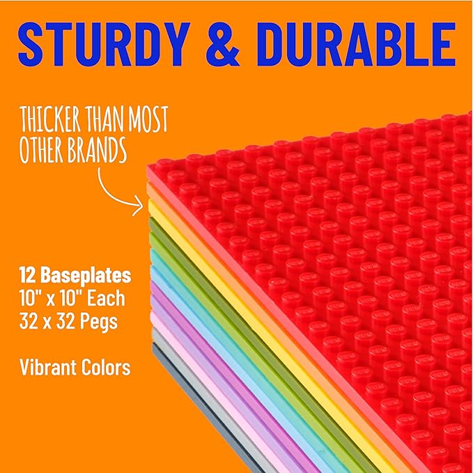 Strictly Briks Stackable Baseplates - 12 Pack 10"x10", 32x32 Studs, Compatible with Lego for Building City Scenes, Foundation, Displays Bricks on Play Table, Kids Easter Gift, Vibrant