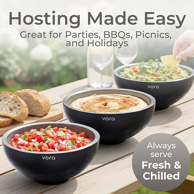 Vora 70oz Dip Chiller Bowl with Lid | Black Stainless Steel Chilled Dip Bowl for Dips, Guacamole, Hummus, Salsa | Insulated Serving Dishes with Easiest Water Fill & Refillable Chamber