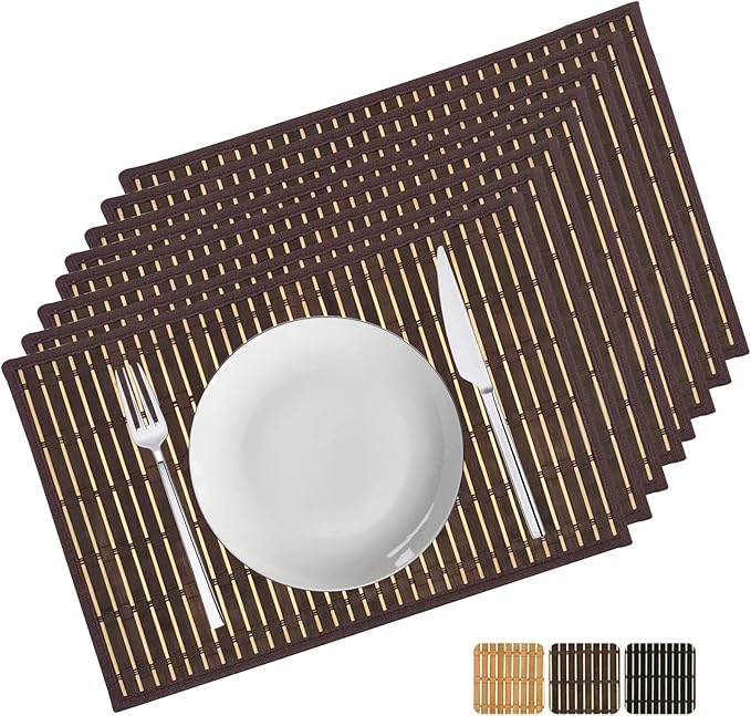 ANDSTAR Set of 8 Pcs Bamboo Placemats with Fabric Border Sushi Rolling Mat Japanese Style Natural Anti-Slip Bamboo Placemats Washable Heat-Resistant Table Mats for Dining Room and Kitchen（Brown）