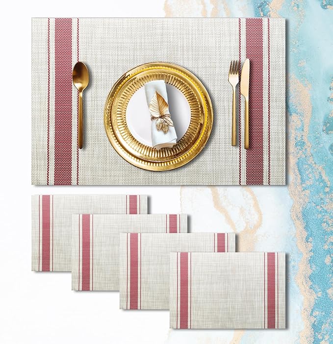 Placemats Set of 4 Vinyl Washable Red Stripe Placemats, 18"x12" Wipeable Heat-Resistant Non-Slip Easy Clean Table Mats Ideal for Dining Table Table Runner and Outdoor (4, Red Wide Stripe)