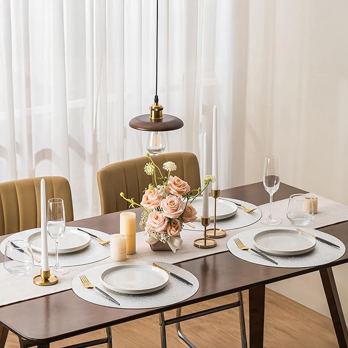 Jovono 15" Faux Leather Big Round Placemats Set of 8 - Washable Heat Resistant Non-Slip Dining Table Mats with Fabric Texture for Kitchen Home Party Wedding Decor, Silver