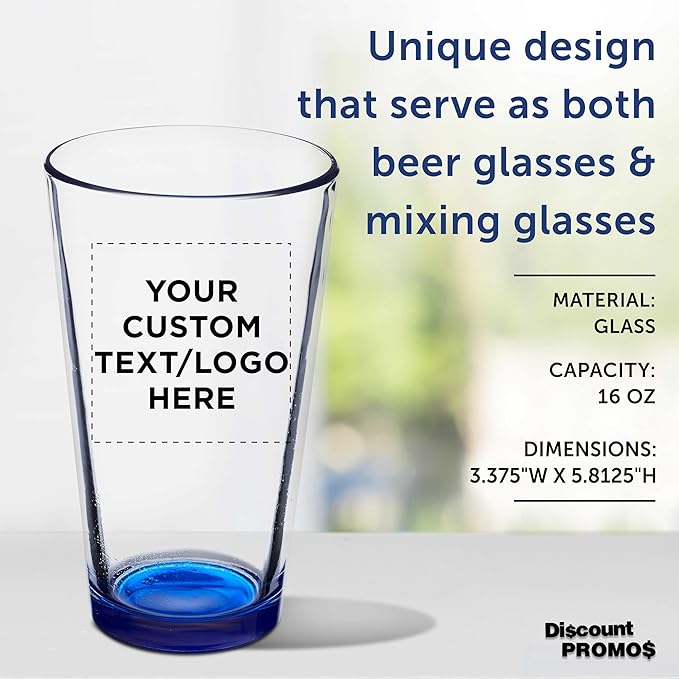 DISCOUNT PROMOS Custom Beer Pint Glasses 16 oz. Set of 10/50/100, Personalized Bulk Pack - Heavy Duty Glassware for Restaurant, Thick Base and Walls, Stackable - Blue