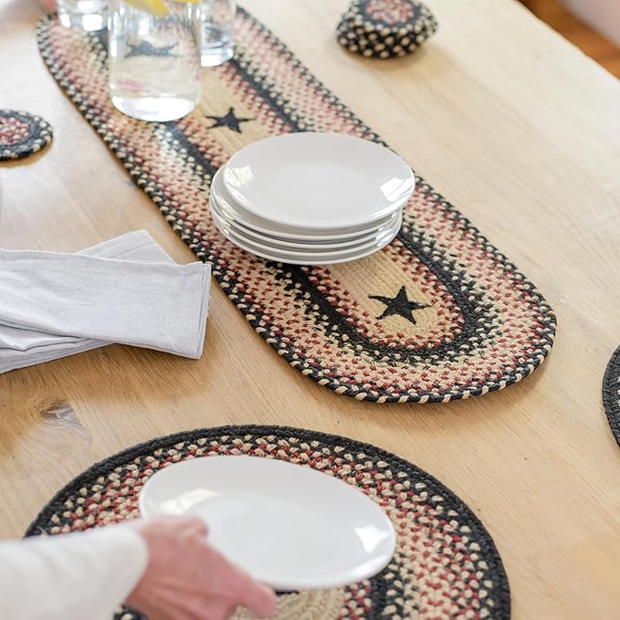 Homespice Primitive Star Gloucester Jute Braided Table Runner, Warm Primitive Decor, Set of 2, Black and Red Oval 8x28 - Rich Colors, Easy to Clean, Durable and Protects Furniture