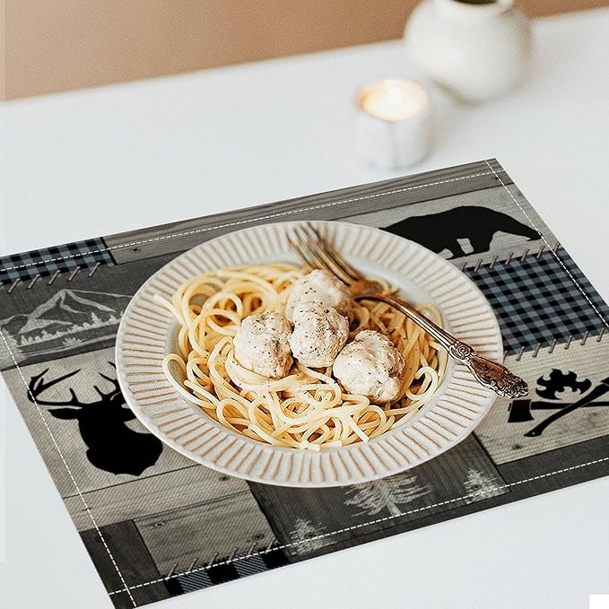 Bear Moose Deer Placemats Rustic Wildlife Moose Forest Animal Cabin Lodge Lake Pine Heat-Resistant Linen Table Place Mats for Dining Kitchen Country Camp Style Farmhouse Decor 6 PCS, Countryside-8
