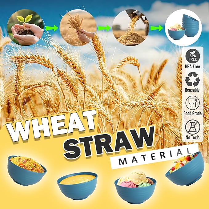 Wheat Straw Bowls Set of 6, Unbreakable 10 OZ Small Bowls Set for Snack, Appetizers, Desserts, Microwave & Dishwasher Safe Alternative Plastic Bowls Reusable, Blue