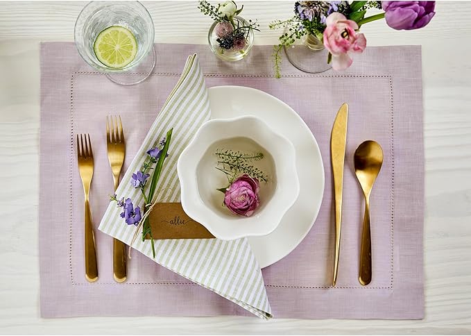 Solino Home Linen Placemats Set of 4 - Classic Hemstitch Lilac Placemats 14 x 19 Inch - 100% Pure Linen Table Mats for Valentines, Spring, Easter