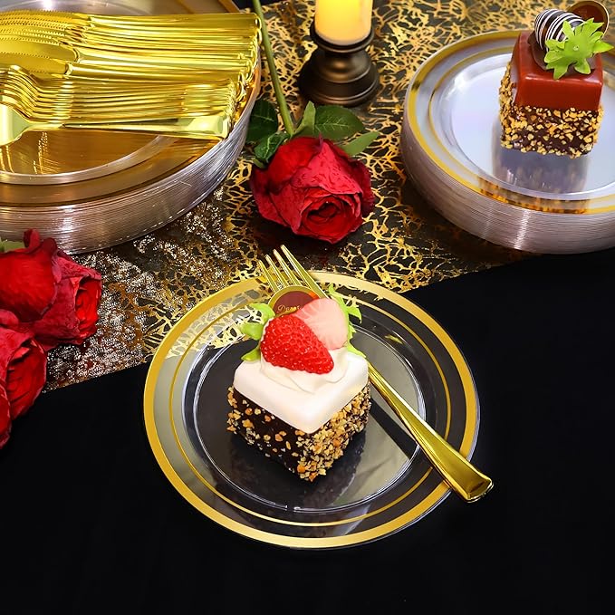 100 PCS Clear Gold Plastic Plates, Disposable Party Plates Include 50 Dinner Plate and 50 Dessert Plate Perfect for Holiday, Birthday, Wedding & Party