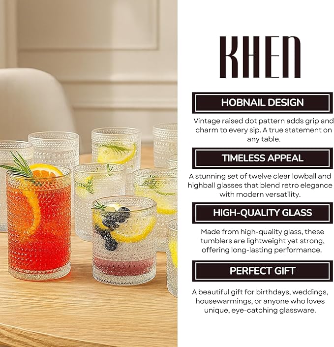 Khen Vintage Hobnail Drinking Glasses Set of 12, 13oz Highball Glasses & 10 oz Lowball Tumblers, Kitchen Water Glasses Cup, Bar Water, Juice, Cocktails Beer, Milk Indoor/Outdoor Bar & Party Drinkware
