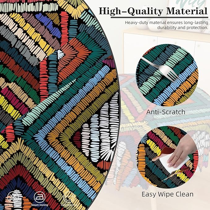 Laeacco 70 Inch Colorful Patchwork Round Tablecloth Woven Geometric Pattern Abstract Art Print Table Cloth Washable Waterproof Wrinkle Free Table Cover for Kitchen Dining Picnic Party Decoration