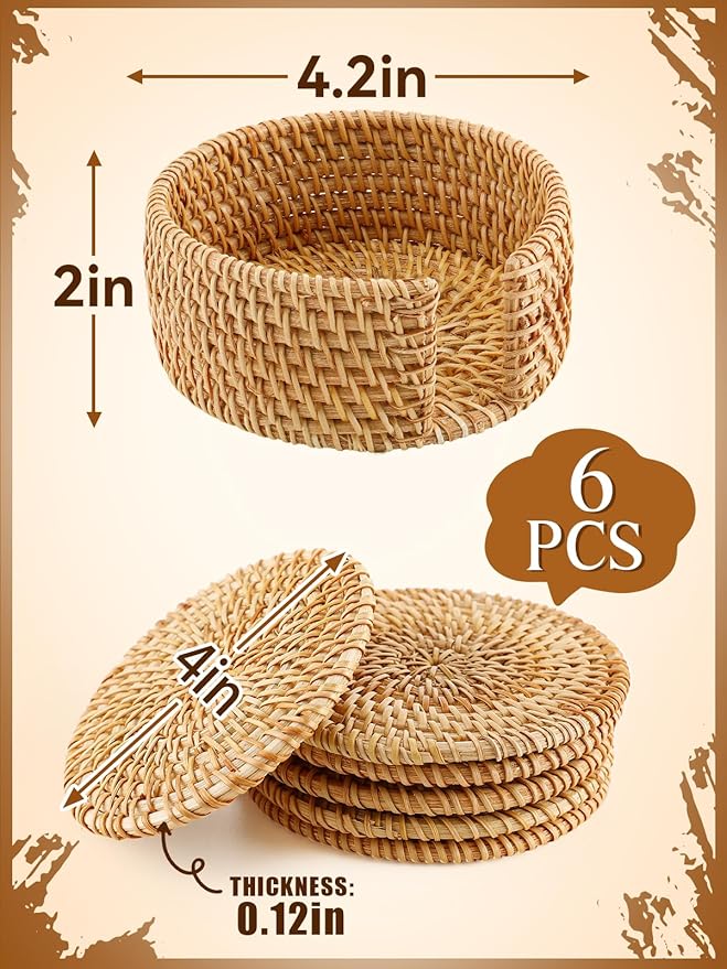 6pcs Natural Handmade Rattan Coasters with Holder - Wicker Drink Coasters Set for Protecting Table, Housewarming Gifts Boho Home Decor