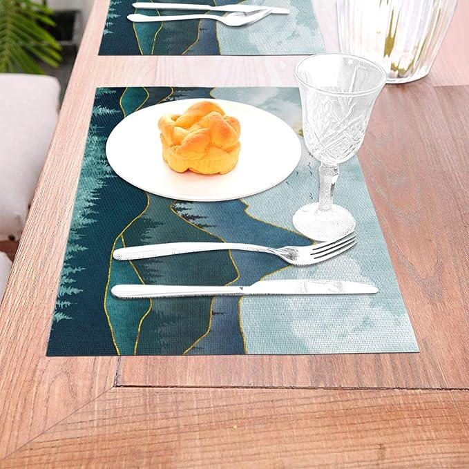 Mountain Peaks Nature Landscape Placemats Set of 4 Linen 12"x18" Washable Heat-Resistant Modern Decorative Kitchen Table Mats for Dining Outdoor Home Decor