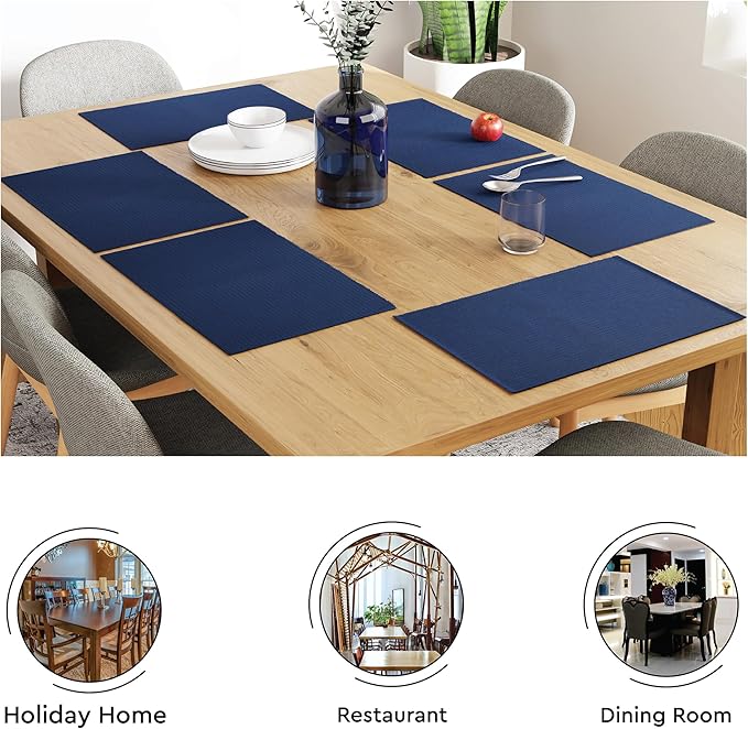 Encasa XO Dining Placemat Set of 6 | Solid Navy Blue Color | Fine Ribbed Cotton Table mat | Size 19x13 in | Machine Washable