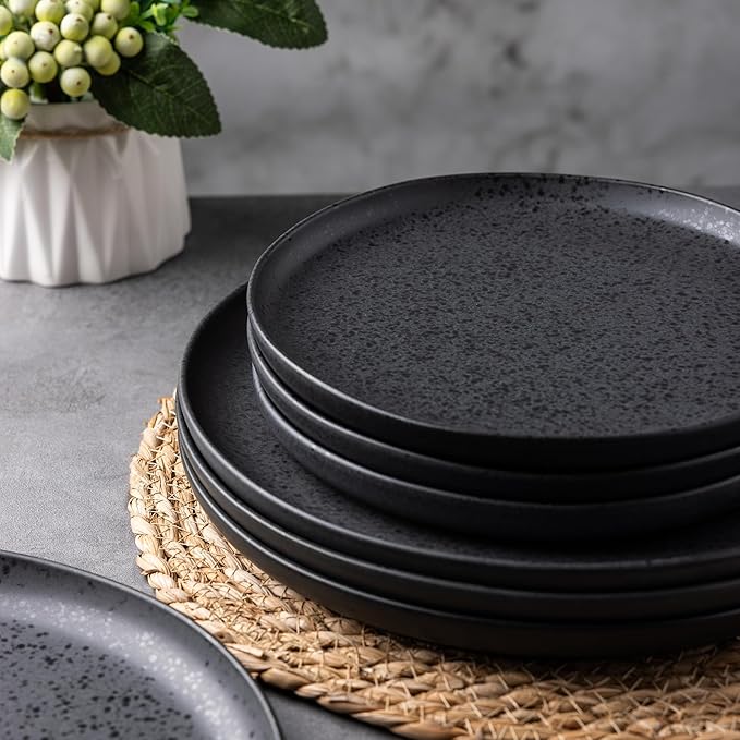 AmorArc Ceramic Dinner Plates Set of 6, Wavy Rim 10.25 Inch Stoneware Dish Set, Dinnerware Plates for Kitchen-Microwave&Dishwasher Safe, Scratch Resistant-Reactive Glaze Matte Speckled Black