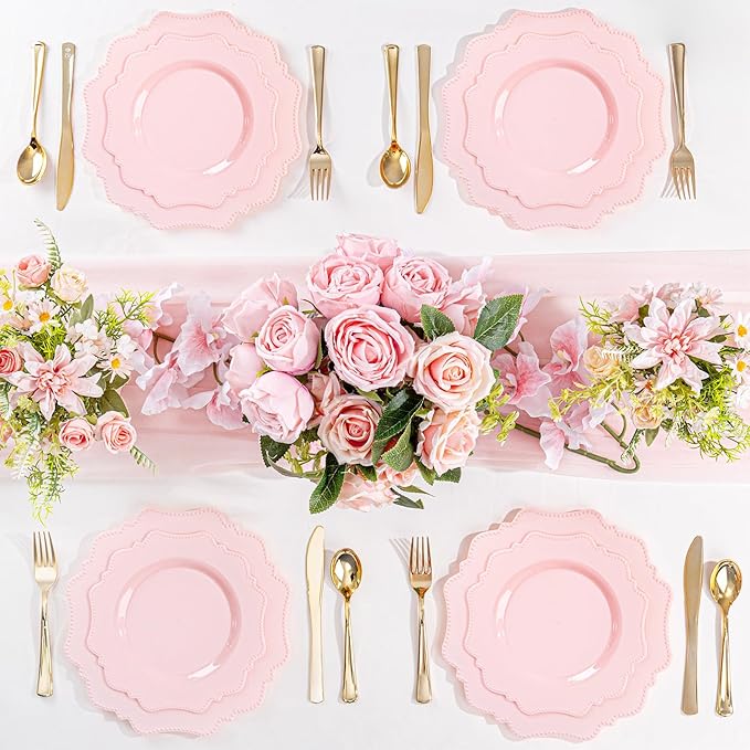 COLOSUS 60pcs Pink Plastic Party Dinner Plates - 9.5 Inch- Heavy Duty Disposable Plastic Dinner Plates for Party Wedding and Everyday Use,Valentine's Day