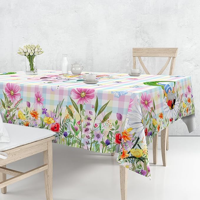 Spring Tablecloth Rectangle 60 x 84 With Gnome Flowers, Buffalo Check Plaid Kitchen Table Cover for Dining Room Indoor Decor