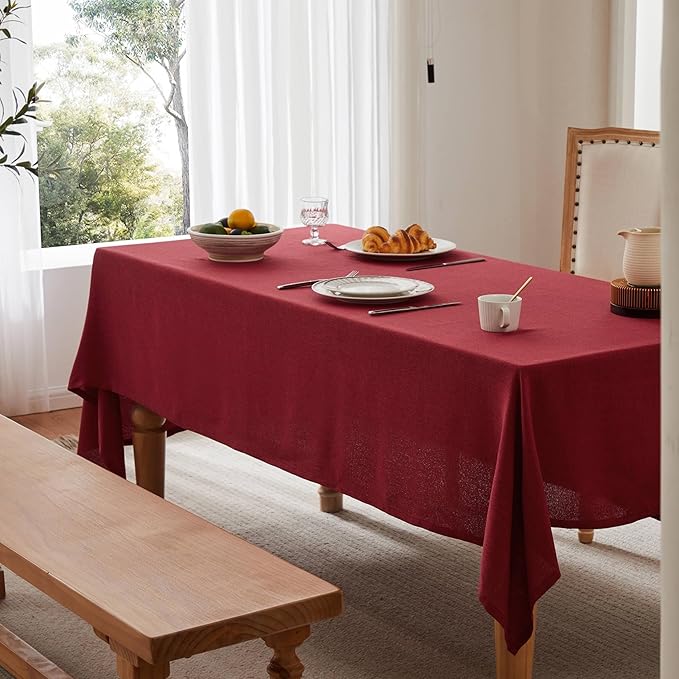 Linen Tablecloth for Rectangle Table, 60x120 Inch Burgundy, Farmhouse Style Red Tablecloth, Water Resistant Burlap Tablecloths for Dining Table Farmhouse Kitchen