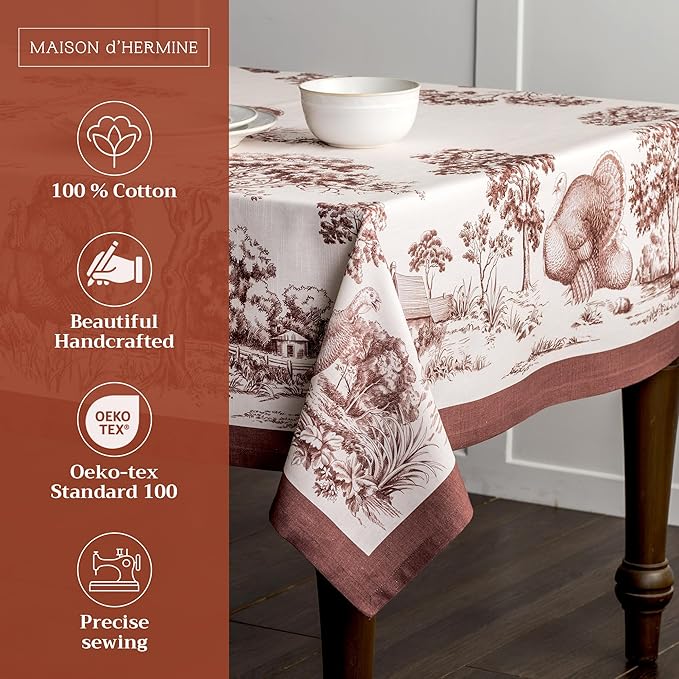 Maison d' Hermine Table Cloth Rectangle Table 100% Cotton 70 x 108 Inches Fall Tablecloth Reusable Everyday Use for Thanksgiving Christmas Decorations Dining Farmhouse Party (Holy Jouy - Brown)