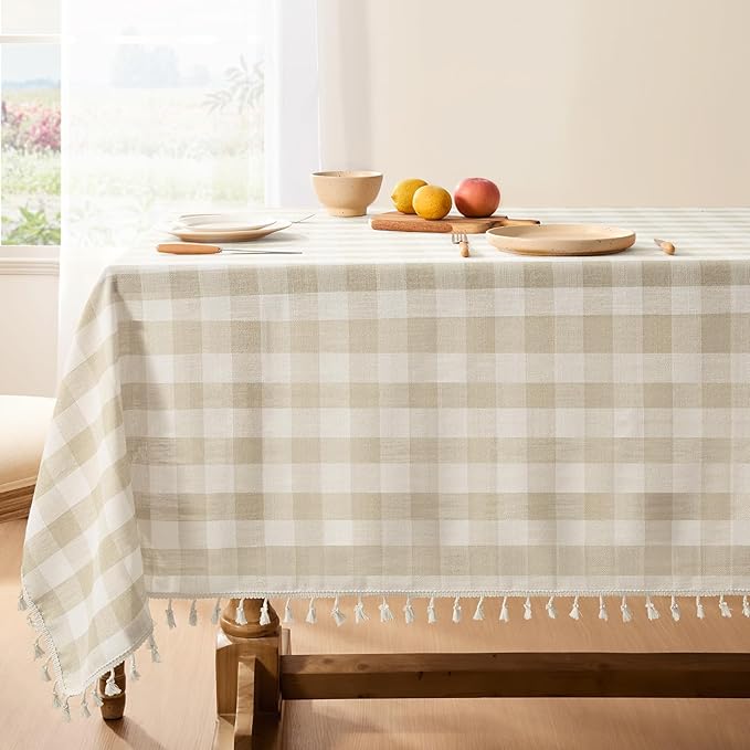 Softalker Checkered Tablecloth Square, Outdoor Linen Cotton Gingham Table Cloth with Tassel, Heavy Duty Wrinkle Free Buffalo Plaid Table Cover for Kitchen Dining Home Party - 55 x 55 Inch, Beige