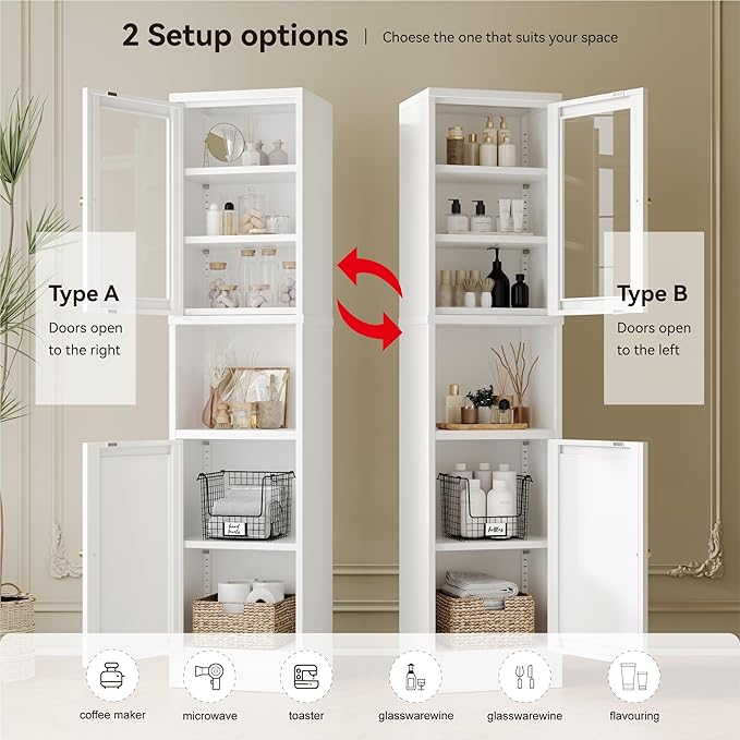 Metal Storage Cabinet with Glass Door, Tall Slim Pantry Organizer with 3 Adjustable Shelves (120LBS/Shelf), Anti-Tipping Waterproof Cabinet for Kitchen/Home Office/Small Spaces,(1PC,White)