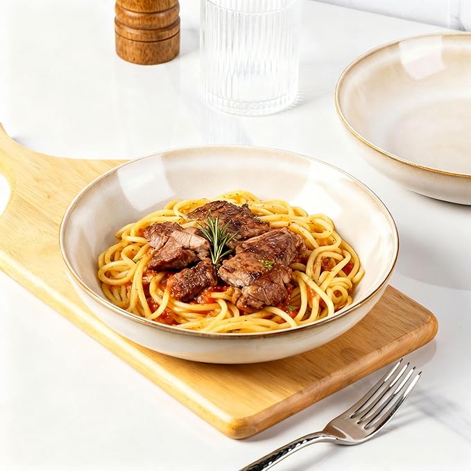 AmorArc 8.5'' Large Pasta Bowls, 36oz Ceramic Salad Serving Bowls Set of 4 for Kitchen, Wide Stoneware Bowls for Pasta,Salad,Fruit,Bread, Microwave Safe, Cappuccino
