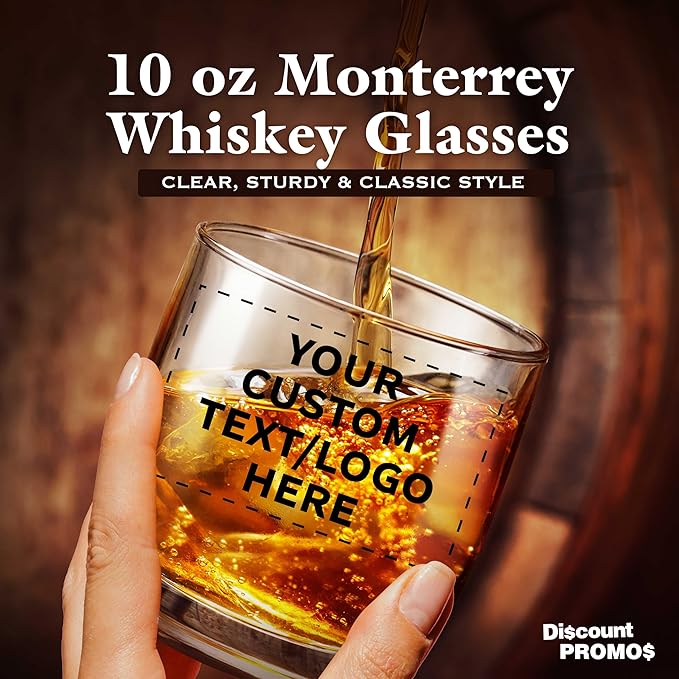 DISCOUNT PROMOS Custom Whiskey Glasses 10 oz Set of 10/50/100, Personalized Bulk Pack - Heavy Base Old Fashioned Glass, Perfect for Scotch, Bourbon, Whiskey, Cocktail - Clear Bottom Color