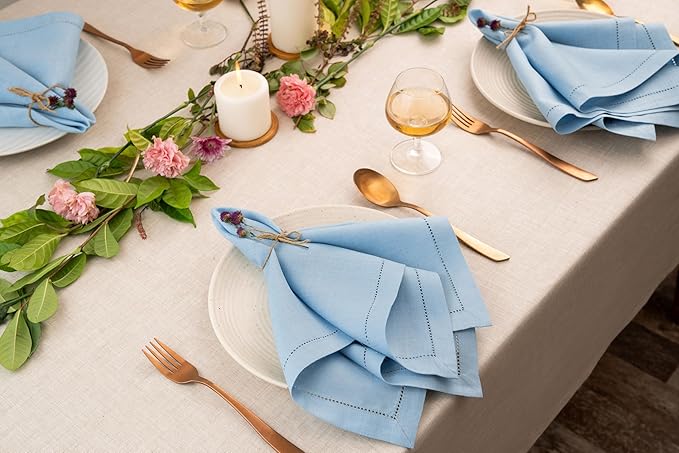 D'Moksha Homes Powder Blue Linen Napkins Set of 4 - Classic Hemstitch 100% Pure Linen Dinner Napkins Cloth 20 x 20 Inch for Spring, Easter - Handcrafted and Machine Washable