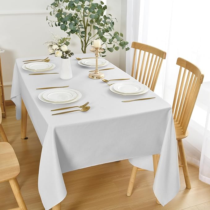 JIUZHEN Rectangle Table Cloth Faux Linen Farmhouse Tablecloth Wrinkle and Stain Resistant Decorative Fabric Table Cover for Kitchen, Dining Room, Parties and Camping, White, 60 x 120 Inch