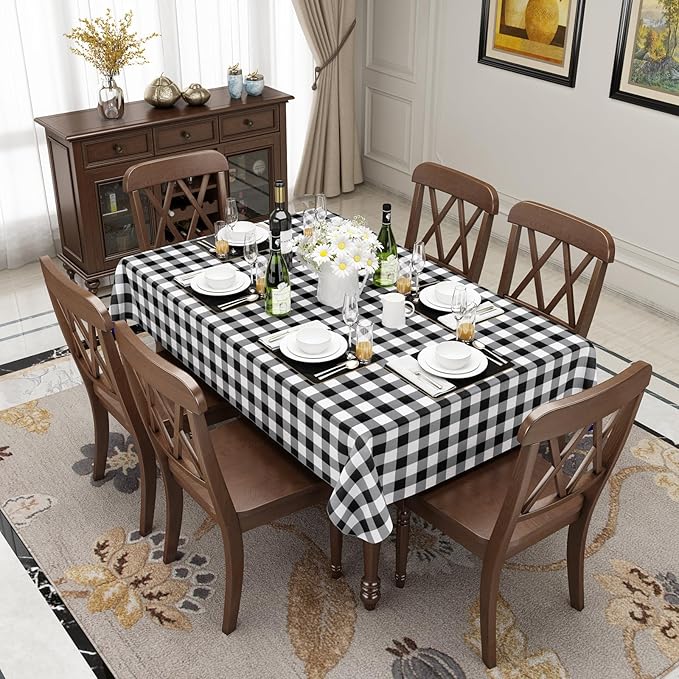misaya Rectangle Waterproof Vinyl Table Cloth, Buffalo Flannel Backed Tablecloth, Wipeable Plastic Table Cover for Christmas (70" x 120", Black and White)