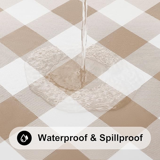 Smiry Rectangle Picnic Table Cloth, Elastic Waterproof Fitted Vinyl Tablecloths, Flannel Backed Buffalo Plaid Table Covers for Dining, Camping, Outdoor (White and Khaki, 30" x 60")