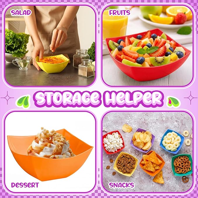Tanlade 50 Pcs Square Plastic Serving Bowls Disposable Snack Salad Bowl Small Party Candy Bar Containers Taco Bar Serving Dishes for Buffet Chips Fruit (8 oz,Rainbow Colors)