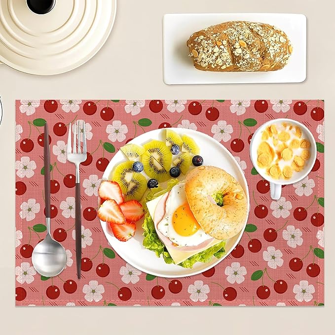 Cherry Berry Flowers Placemats Set of 6 Linen Washable, Heat-Resistant 12x18 Inch Table Place Mats for Kitchen Dining for Home Party Holidays