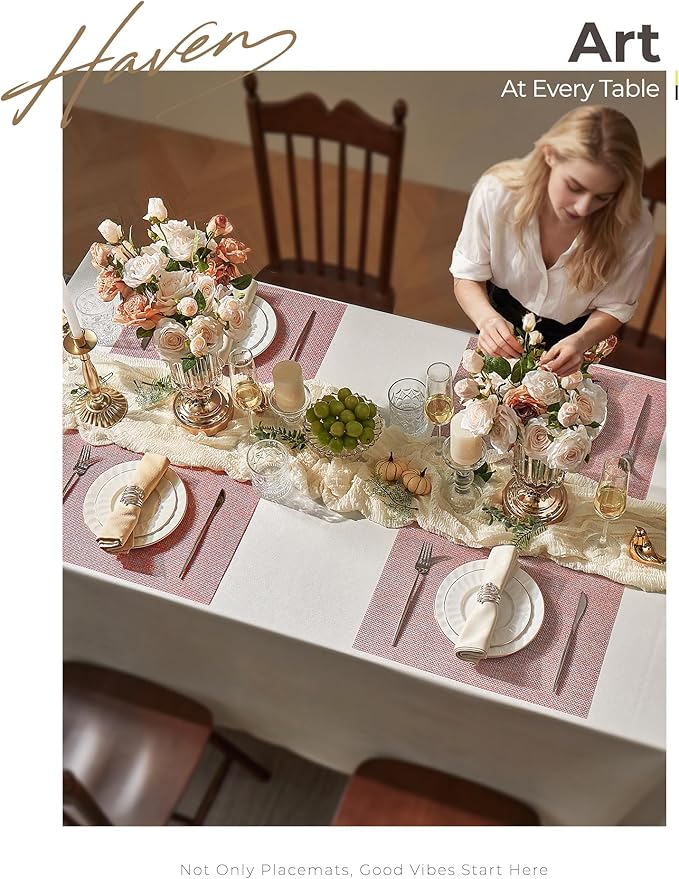 Leetaltree Luxury Pink Iridescent Placemats Set of 6 - Waterproof Washable for Wedding, Anniversary, Festive and Daily Use - Sparkling Table Mats Table Decor - Hand-Cut