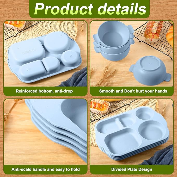 Tanlade 24 Pcs Wheat Straw Dinnerware Cutlery Sets, Divided Plates Unbreakable Bowl Microwave Dishwasher Safe Tableware Cutlery Spoon Knife Fork Cup(Blue)