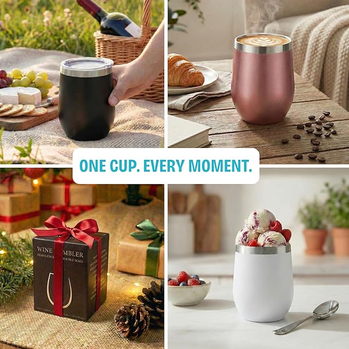 CHILLOUT LIFE 12 oz Stainless Steel Wine Tumbler with Lid - Double Wall Vacuum Insulated Wine Cup Glass Keeping Cold & Hot for Coffee, Champagne, Cocktails, Ice Cream - Purple Sparkle