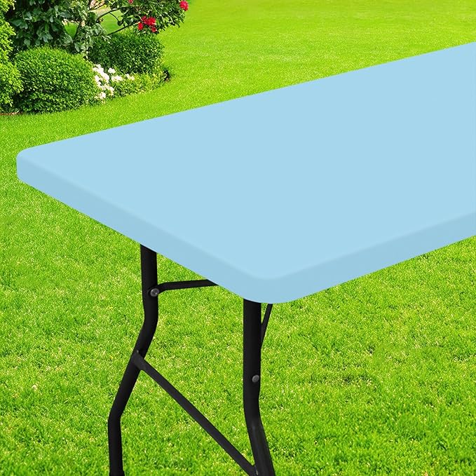 Smiry Rectangle Picnic Table Cloth, Waterproof Elastic Fitted Tablecloths for 8 Foot Tables, Washable Polyester Table Cover for Camping, Indoor and Outdoor (Light Blue, 30"x96")