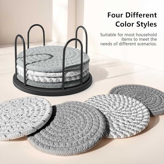 Coasters Set of 8 for Drinks, Beer, Coffee, Cotton Woven 4 Colors Absorbent Coaster with Holder, Boho Coasters for Home Decor Tabletop Protection Suitable for Kinds of Cups