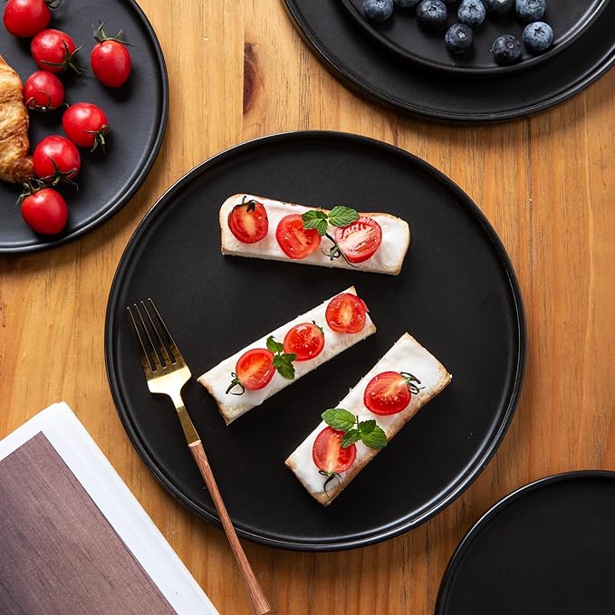 AmorArc Ceramic Dinner Salad Plates Set of 6, 8.5 Inch Reactive Matte Glaze Dish Set, Dessert,Salad, Appetizer, Small Dinner Plate,Microwave, Dishwasher Safe, Scratch Resistant, Matte Black