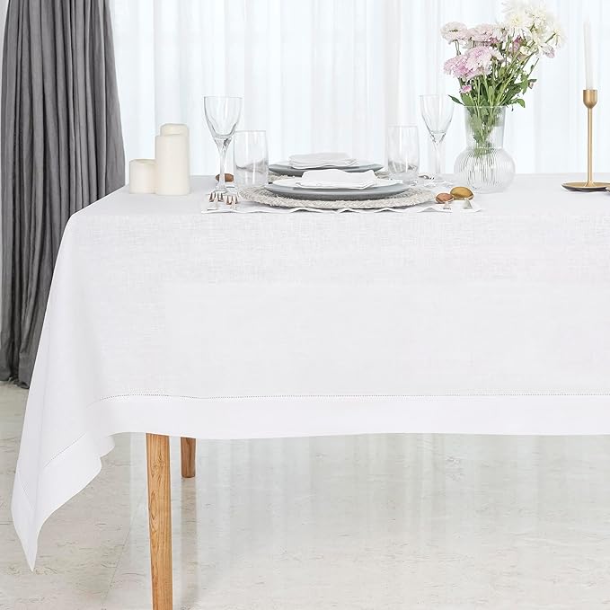 D'Moksha Homes White Linen Tablecloth for Rectangle Tables 60 x 102 Inch - Classic Hemstitch 100% Pure Linen White Table Cloth - Machine Washable Dining Tablecloth for Valentines, Spring, Easter