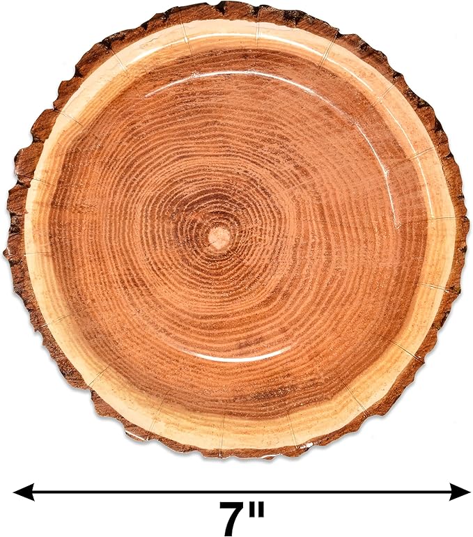 Gift Boutique 50 Rustic Wood Grain Dessert Paper Plate 7" Disposable Brown Wooden Slice Plate for Camping Hunting Lumberjack Birthday Party Supplies