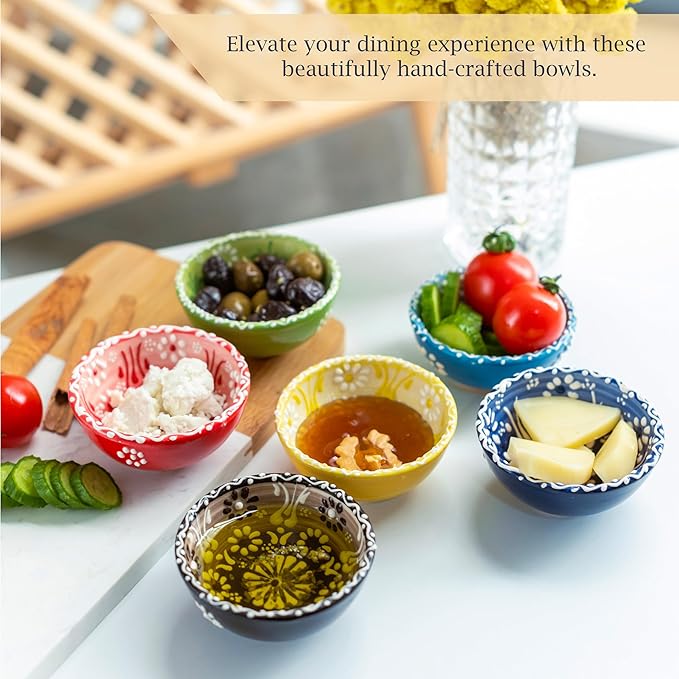 Ceramic Small Dipping Bowls Set of 6, 3.5 Oz Soy Sauce Dish, Handmade Charcuterie, Colorful Pinch, Dishwasher & Microwave Safe Sauce, 3.2'' Mini (DAISY MEDLEY)