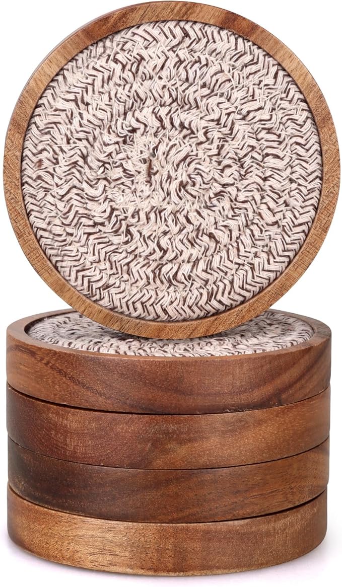 Best Absorbent Wooden Coasters Set of 5 Mixed Brown Woven Coaster Modern 4 Inches Acacia Wood Coasters for Drinks, Coffee Table Decor, Farmhouse, Bar, Office, Beer, Kitchen, Dining Room, Outdoor, Desk